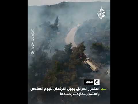 تواصل فرق الإطفاء جهود إخماد الحرائق المشتعلة في جبل التركمان بمحافظة اللاذقية السورية
