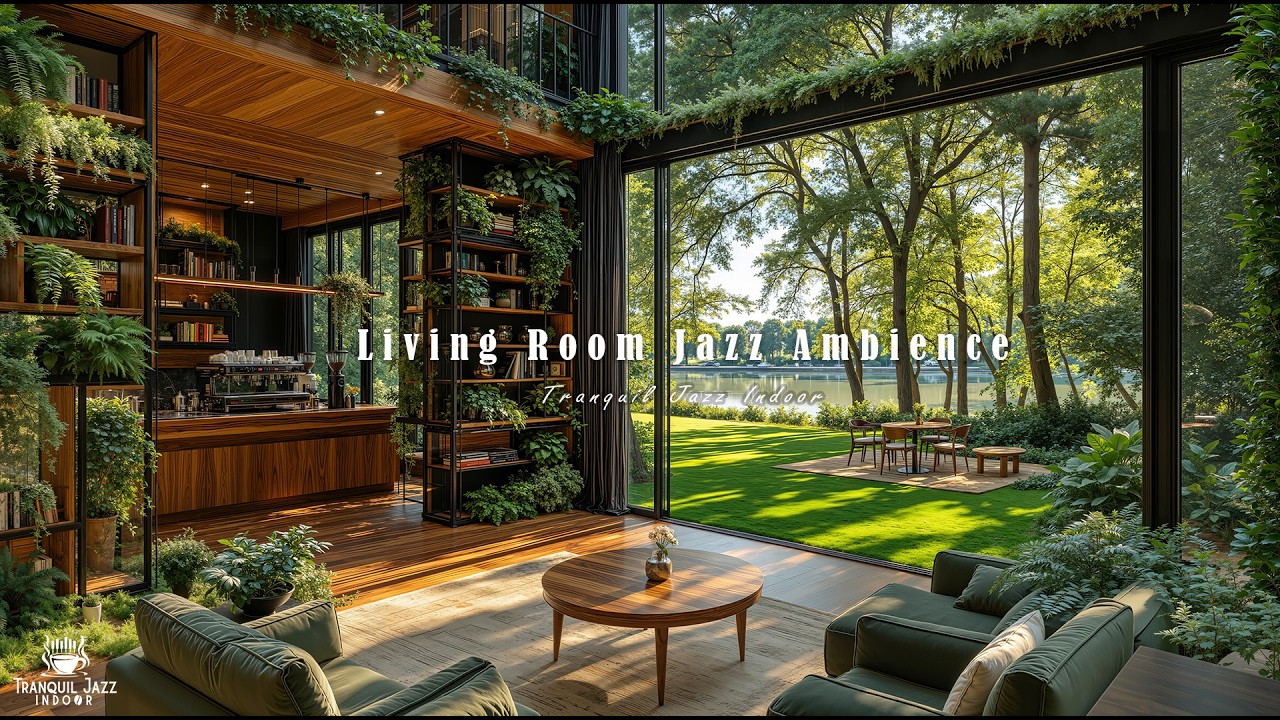 Living Room Jazz Ambience Overlooking a Spring Forest | Cozy Jazz Music with Nature Therapy for Calm