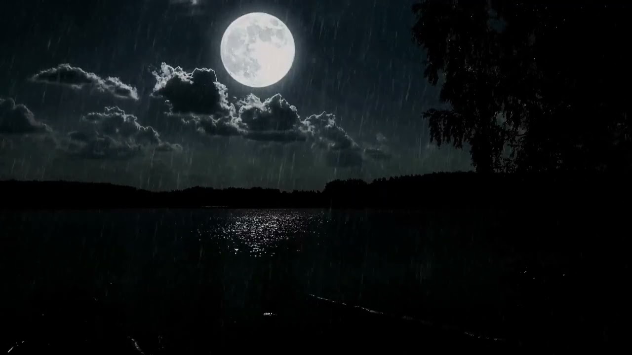 🌙 Heavy Rain On Peaceful Lake Soft Moon Glow Over Still Water And Forest Horizon 6 Hours