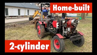 2 cylinder tractor w/backhoe attachment home-built using scrap parts. Stump removal. Walk-around.