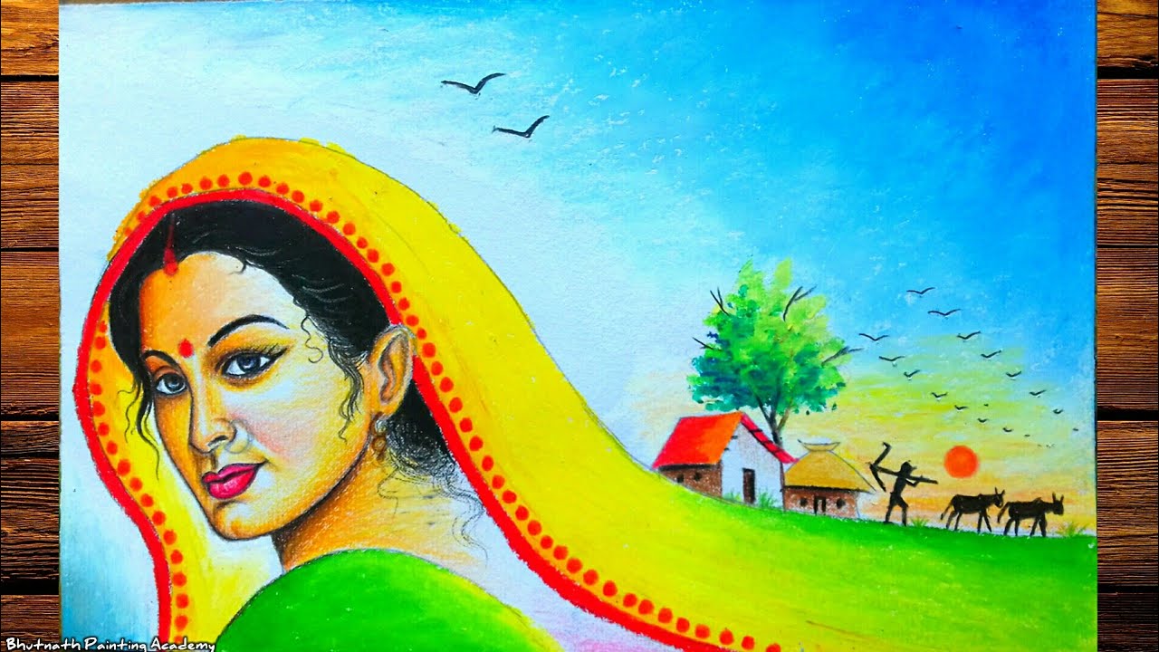 village scenery drawing with beautiful village woman||girl drawing ...