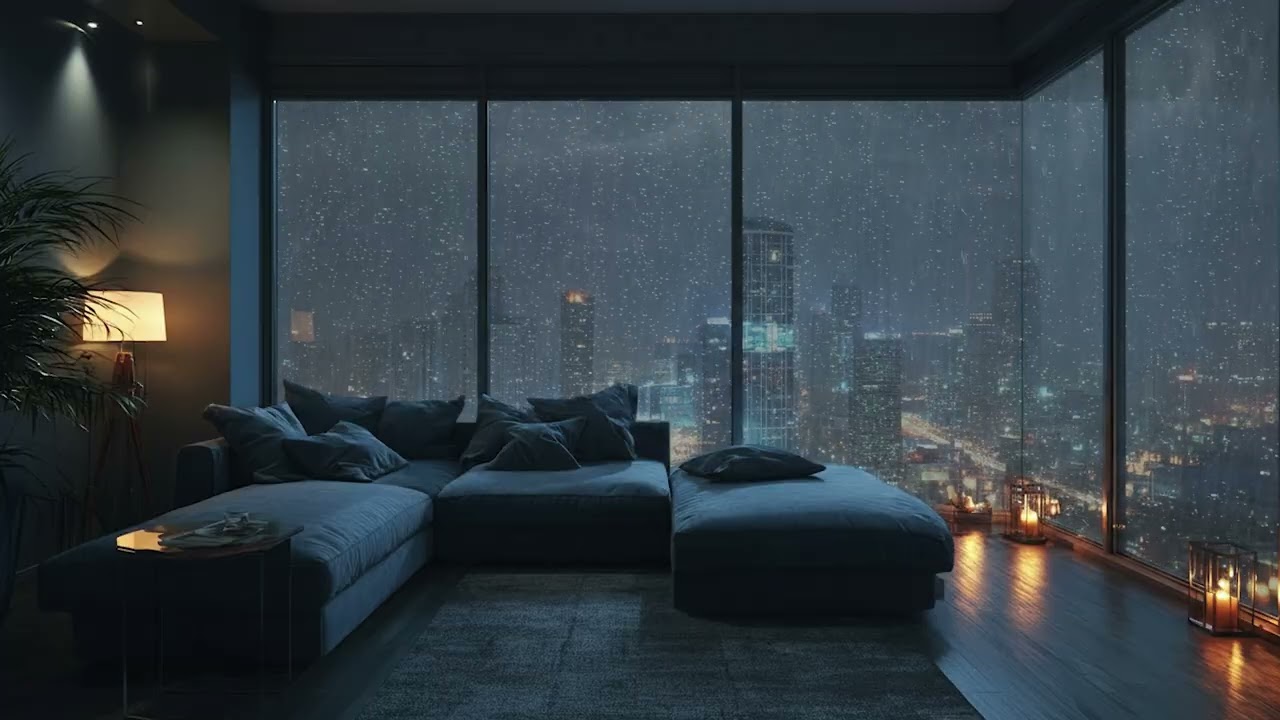 Luxury Penthouse at Night Overlooking the City Skyline