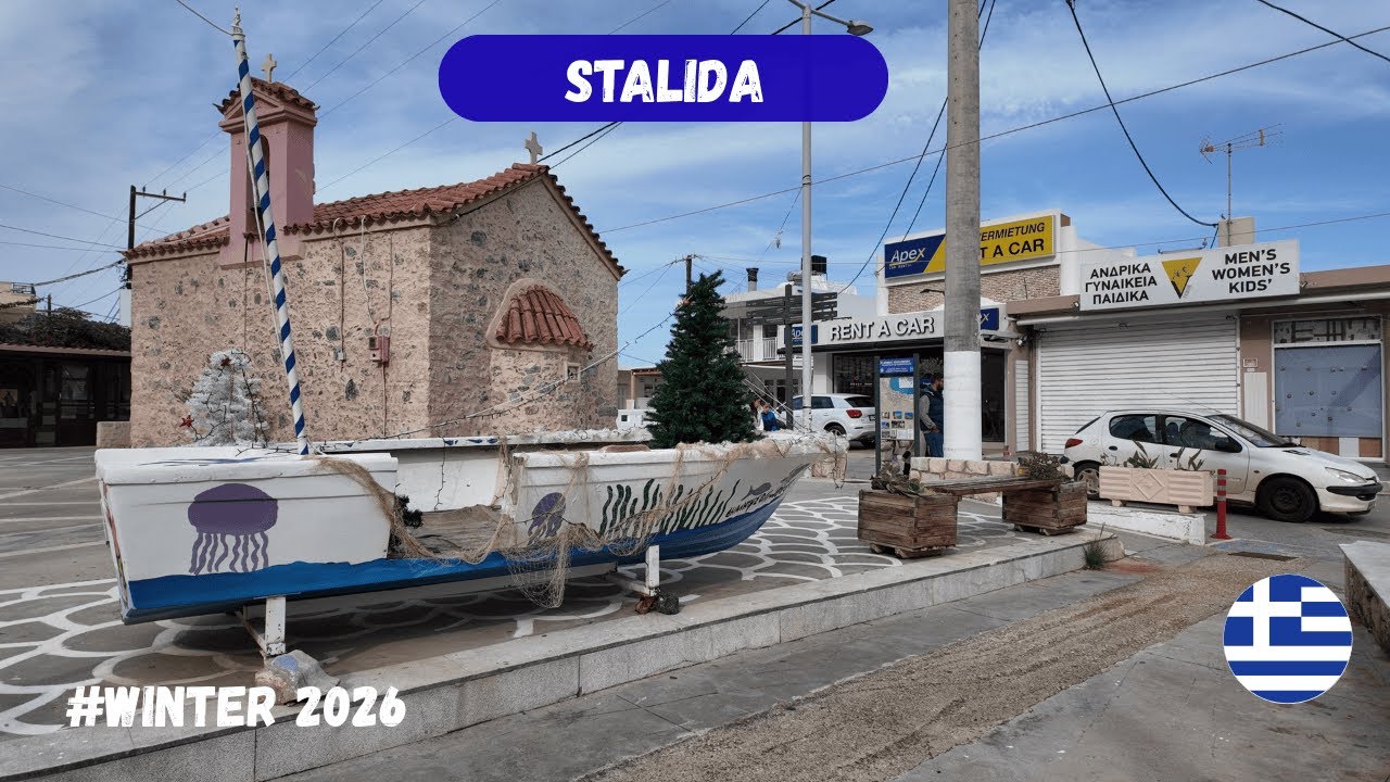 Walking tour Stalida Winter | POV Walking tour Stalis Crete | No commentary | Crete in winter 2026