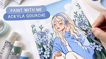 🔮 Holbein Acryla Gouache Illustration "Forget me not" Process 🔮 Paint with me #10