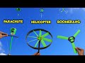 3 amazing ben10 toys  how to make parachute launcher  best paper flying helicopter  boomerang