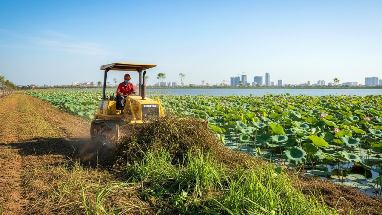 Crawler Bulldozer Flattening Wild Grass Field | Heavy Machinery Creating Access Pathway