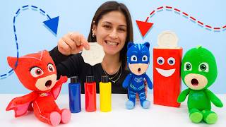Ayşe ve PJ Masks'ın atölyesi: bozuk paraları biriktiriyor, kumbarayı yapıp süslüyorlar! Çocuk oyunu.