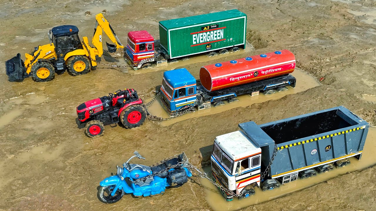 TATA Dumper Petrol Tanker Tipper Muddy Accident Pulling Out Bike Tractor JCB 3DX | Tractor Cartoon