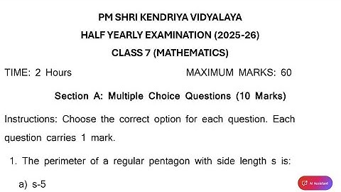 Class-7 Maths / Half Yearly Exam 2025-2026 Question Paper Term-1 For KENDRIYA VIDYALAYA Students 