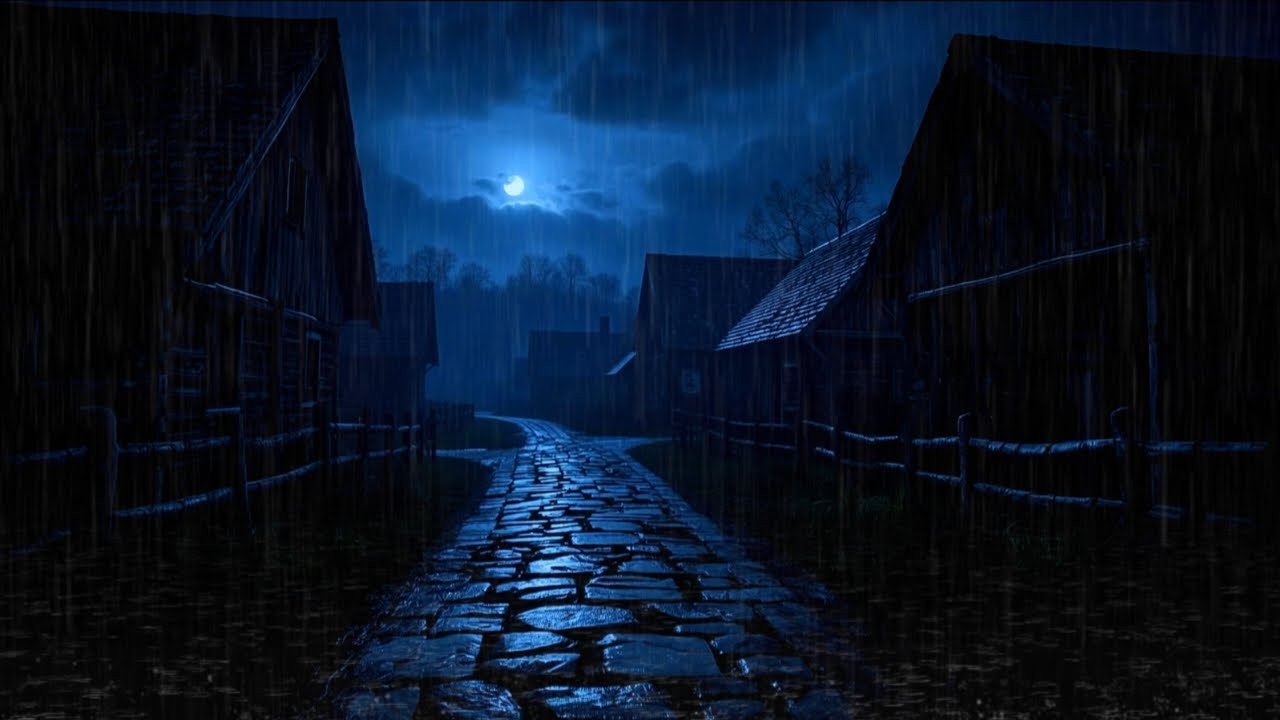 Midnight Rain on a Quiet Village Road | Dark Blue Night Ambience for Deep Sleep 🌧️💙