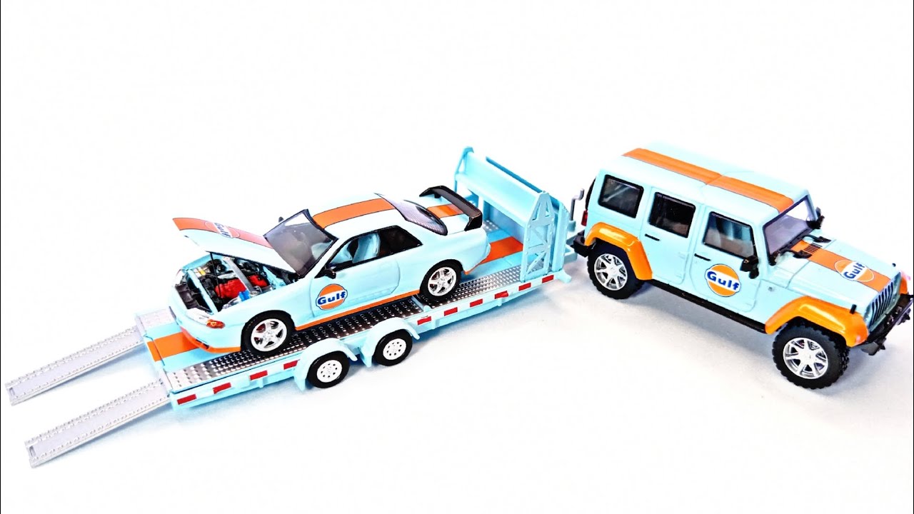 GULF CAR HAULER TRAILER SET Jeep + Skyline R32 + Trailer Gulf