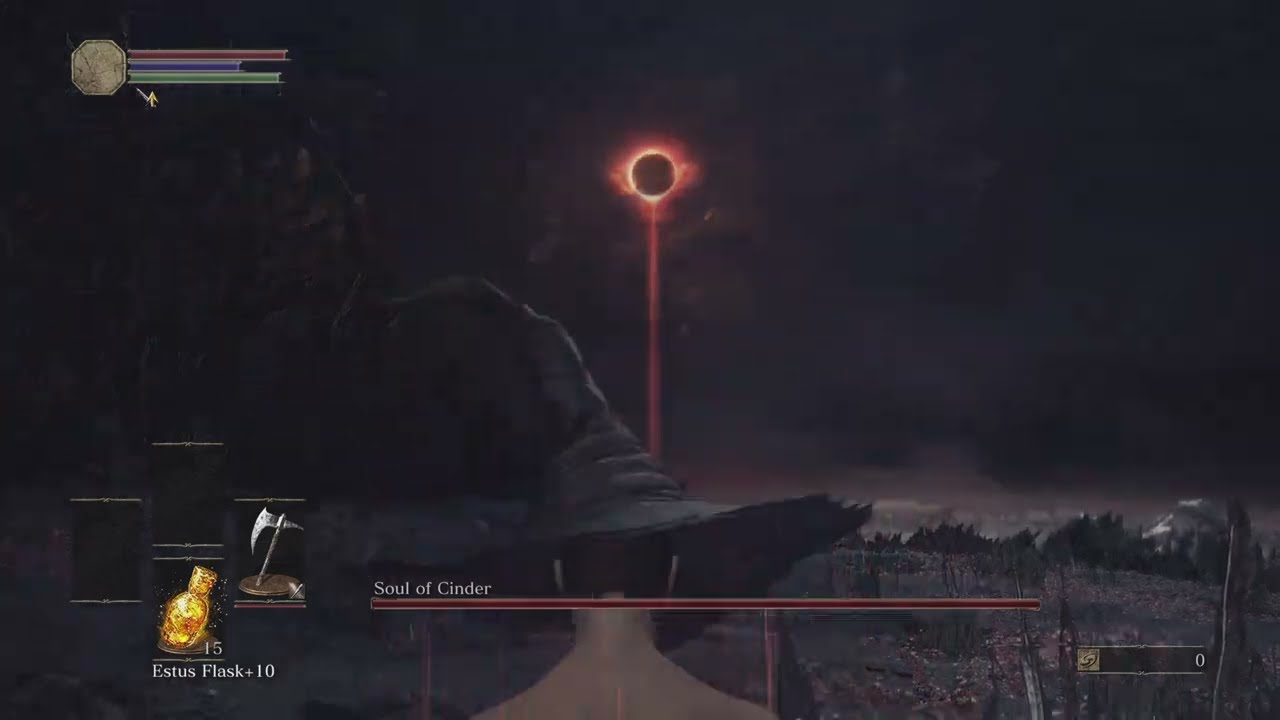 Dark Souls 3 SOC SL1 (4 hits taken, dragonslayer axe) stats+gear at end.