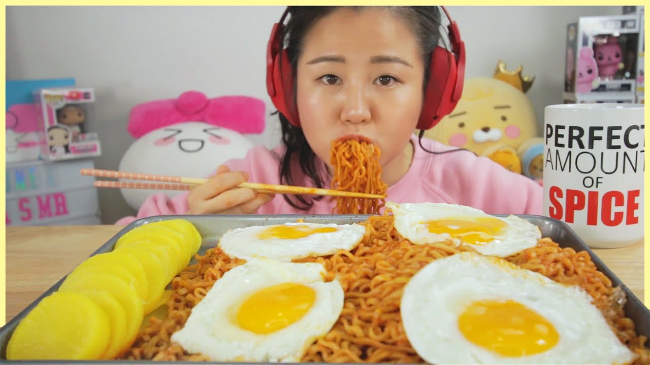 ASMR NUCLEAR FIRE NOODLES + 4 EGGS w/ PICKLED RADISH l Eating Sounds l No Talking