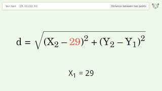 Find the distance between two points p1 (29,43) and p2 (62,54): Step-by-Step Video Solution