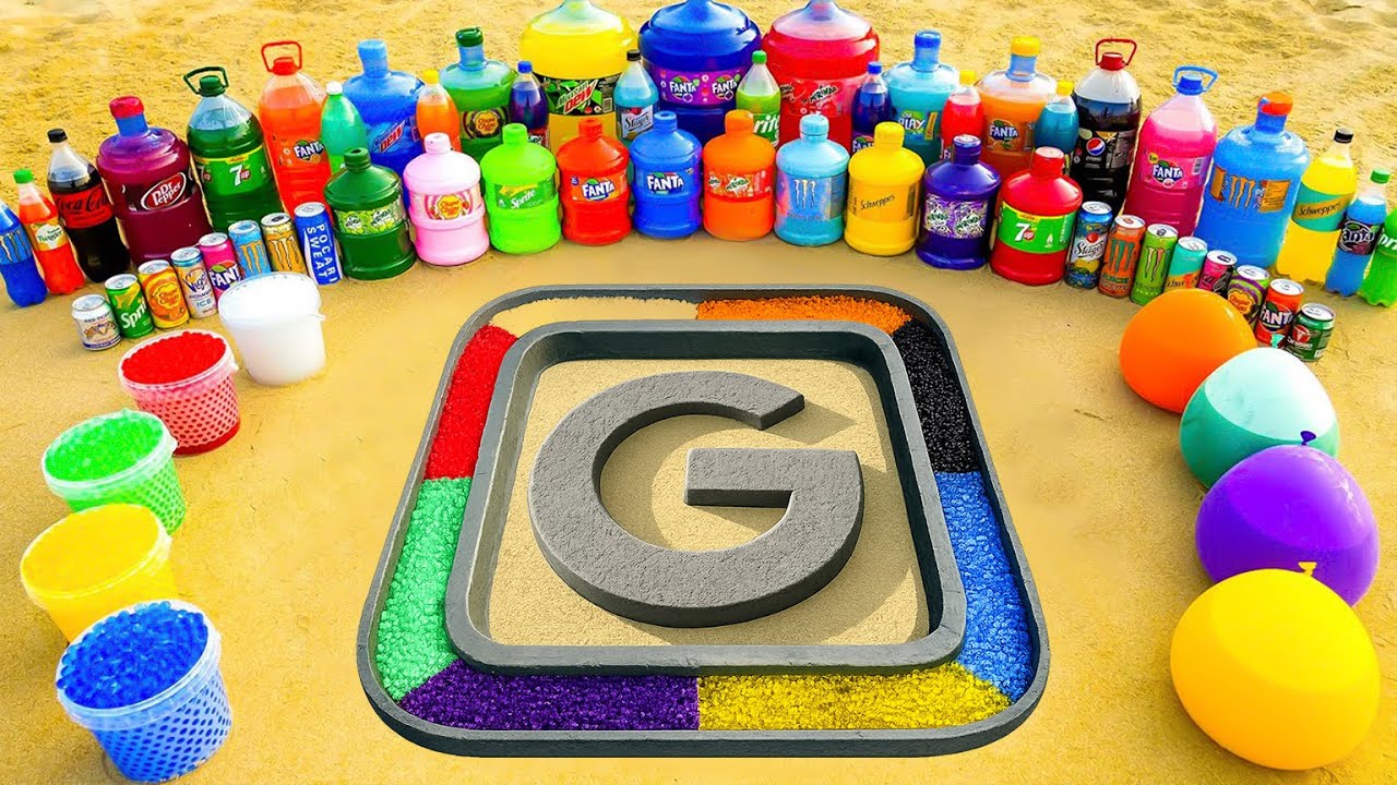 How to Make Google Logo with Orbeez, Giant Balloons of Sodas, 7up, Fanta, Coca Cola vs Mentos