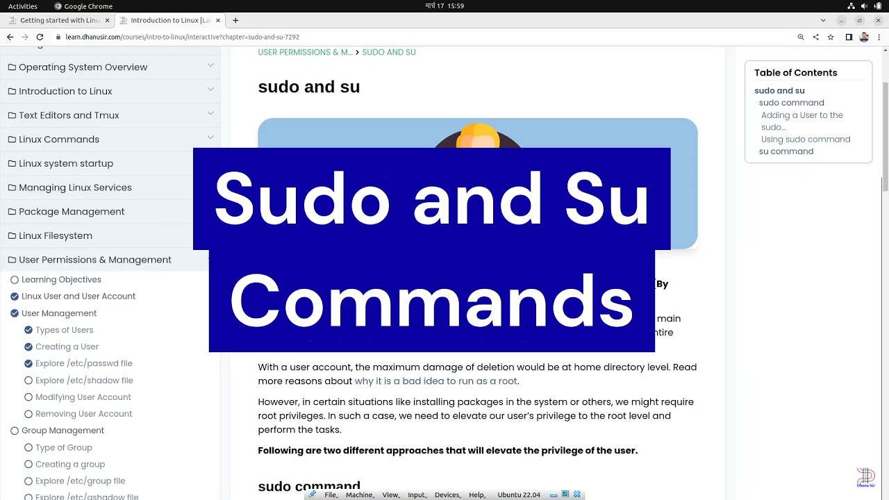 7.3 Sudo and su - Getting started with Linux | Dhanu Sir Course - YouTube