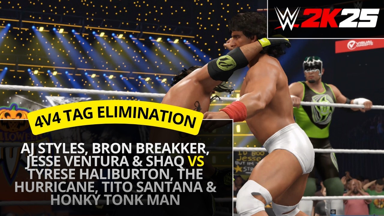WWE 2K25 – AJ Styles & Bron Breakker vs Shaquille O'Neal & Tyrese Haliburton (4v4 Tag Elimination)