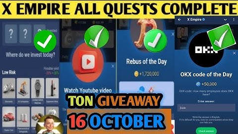 16 October All Quests Code X Empire | Youtube Video Code | Rebus Of The Day | Investment Fund Card