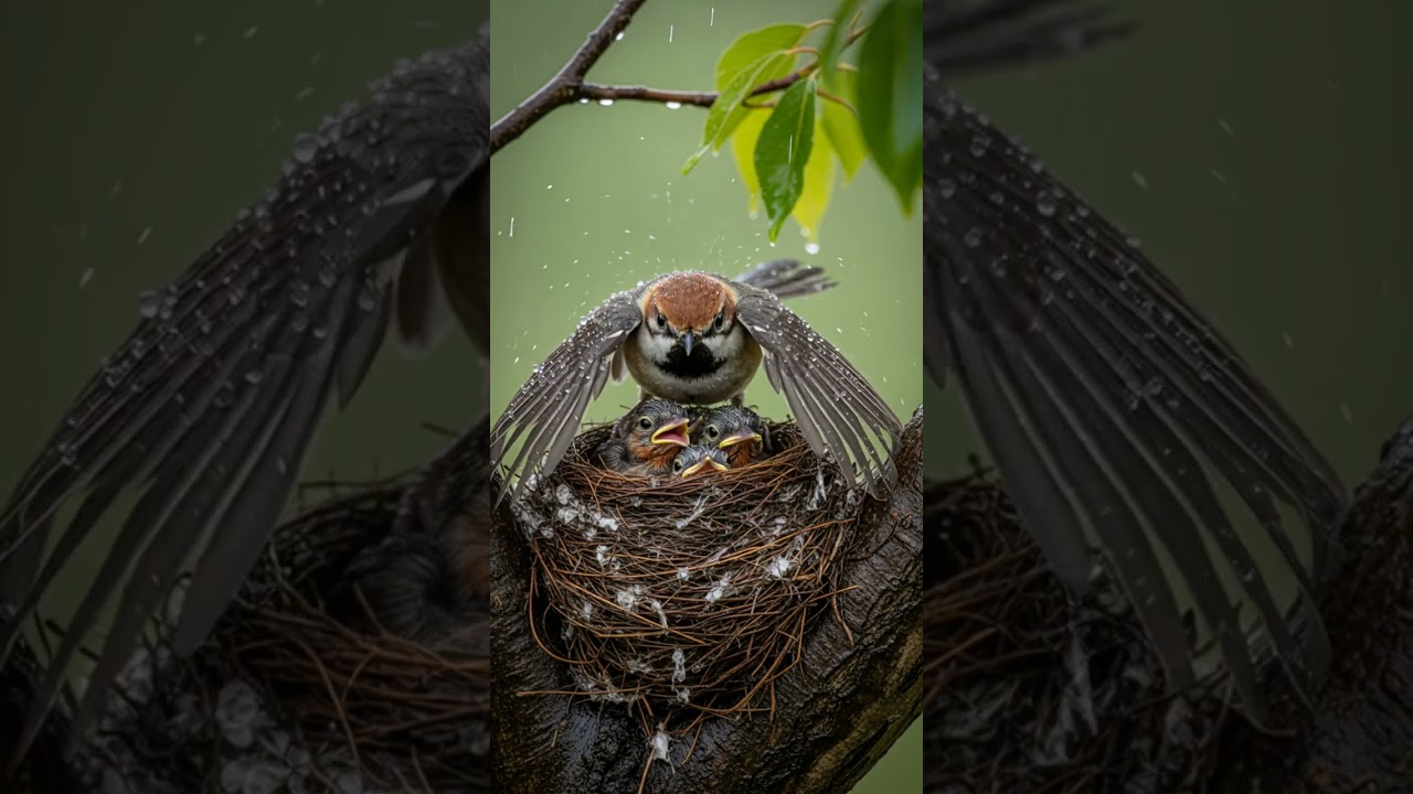 The cute little bird in the wind and rain. Brave moments caught on camera