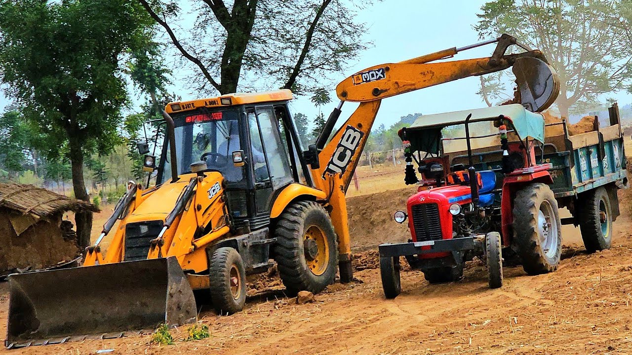 Jcb 3dx Backhoe Machine Loading Red Mud In Mahindra and Swaraj Tractor