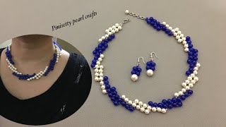 How to make beaded necklace with earrings/Pearl jewelry making/Beaded party wear necklace set.