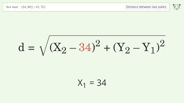 Find the distance between two points p1 (34,80) and p2 (-81,70): Step-by-Step Video Solution