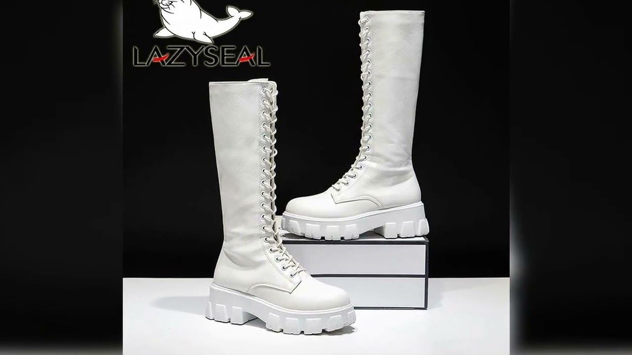 A must-have product! LazySeal Winter Long Boot Shoes Women White Lace Up Zip Height Increasing Pu