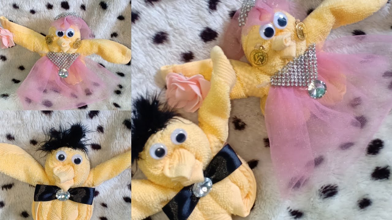 طريقه عمل شكل عريس وعروسه كتكوت من الفوط للتزين