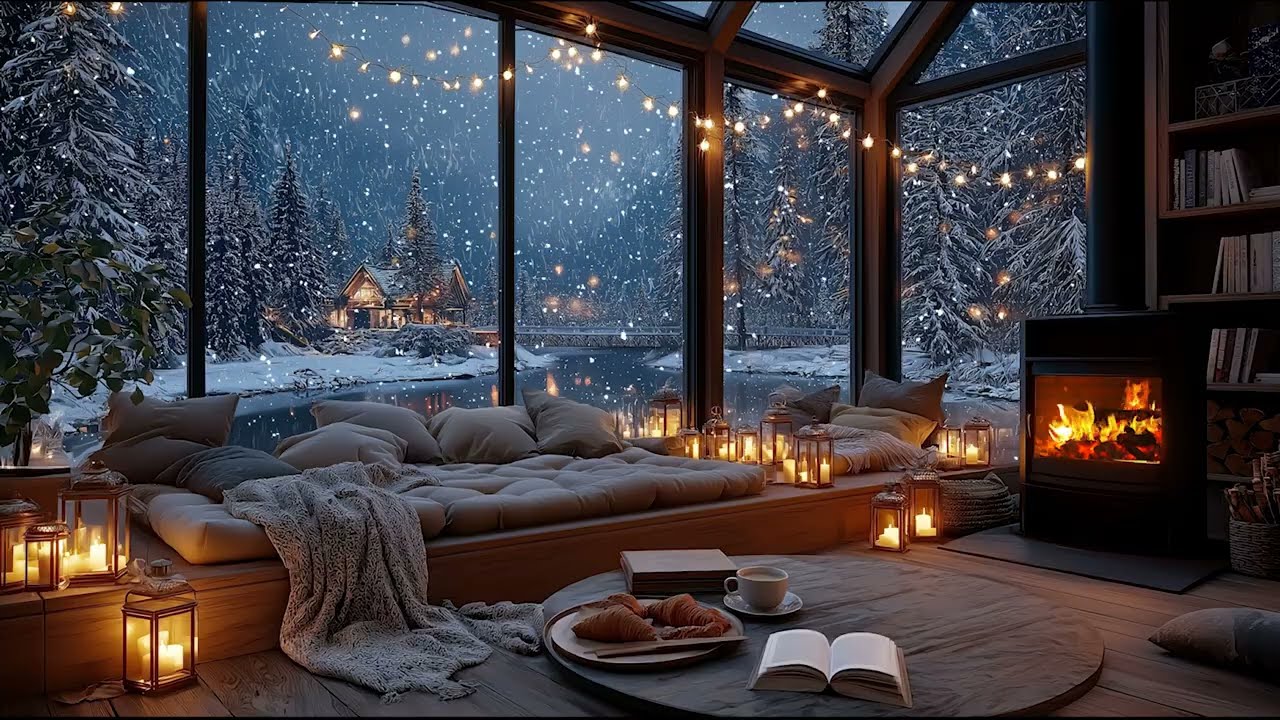 Snowy Cafe Ambience ❄️ Gentle Piano & Fireplace Sounds for Focus & Calm