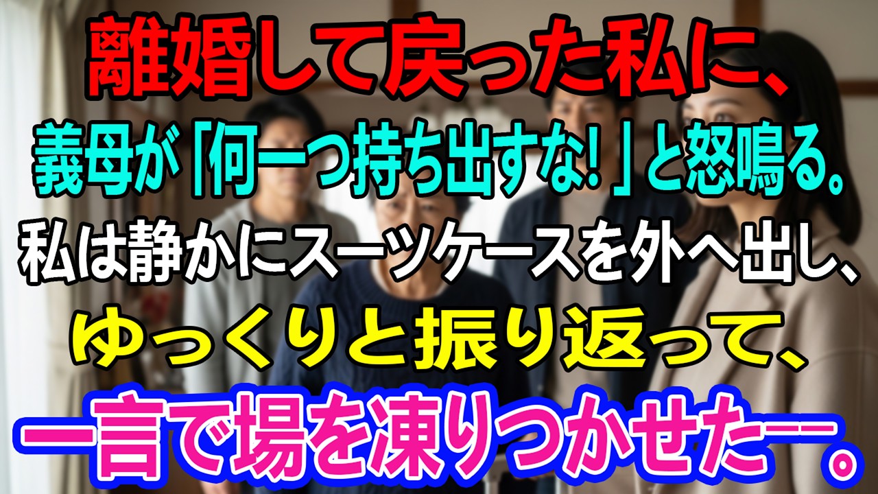 離婚して戻った私に義母が『何一つ持ち出すな！』と怒鳴る。私は静かにスーツケースを外に出し、一言で場を凍りつかせた――。