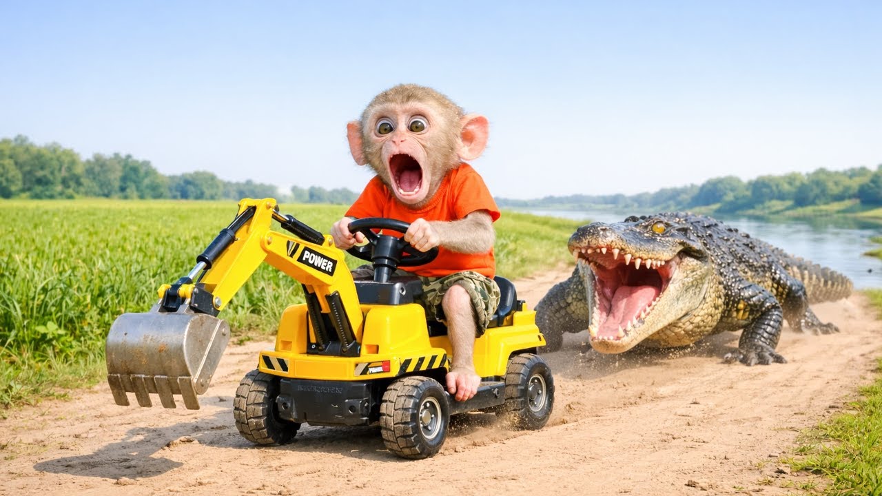 Baby Monkey Digging a Fish Canal Meets a Crocodile! - Monkey Farm Work ...