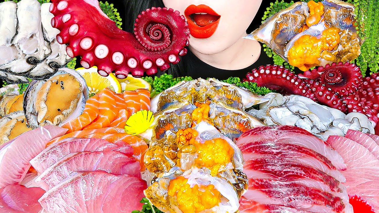 ASMR RAW SEAFOOD MUKBANG 방어회, 꽃게, 연어, 문어, 굴 전복 RAW OYSTER OCTOPUS SALMON SEA GRAPE EATING SOUNDS 회먹방