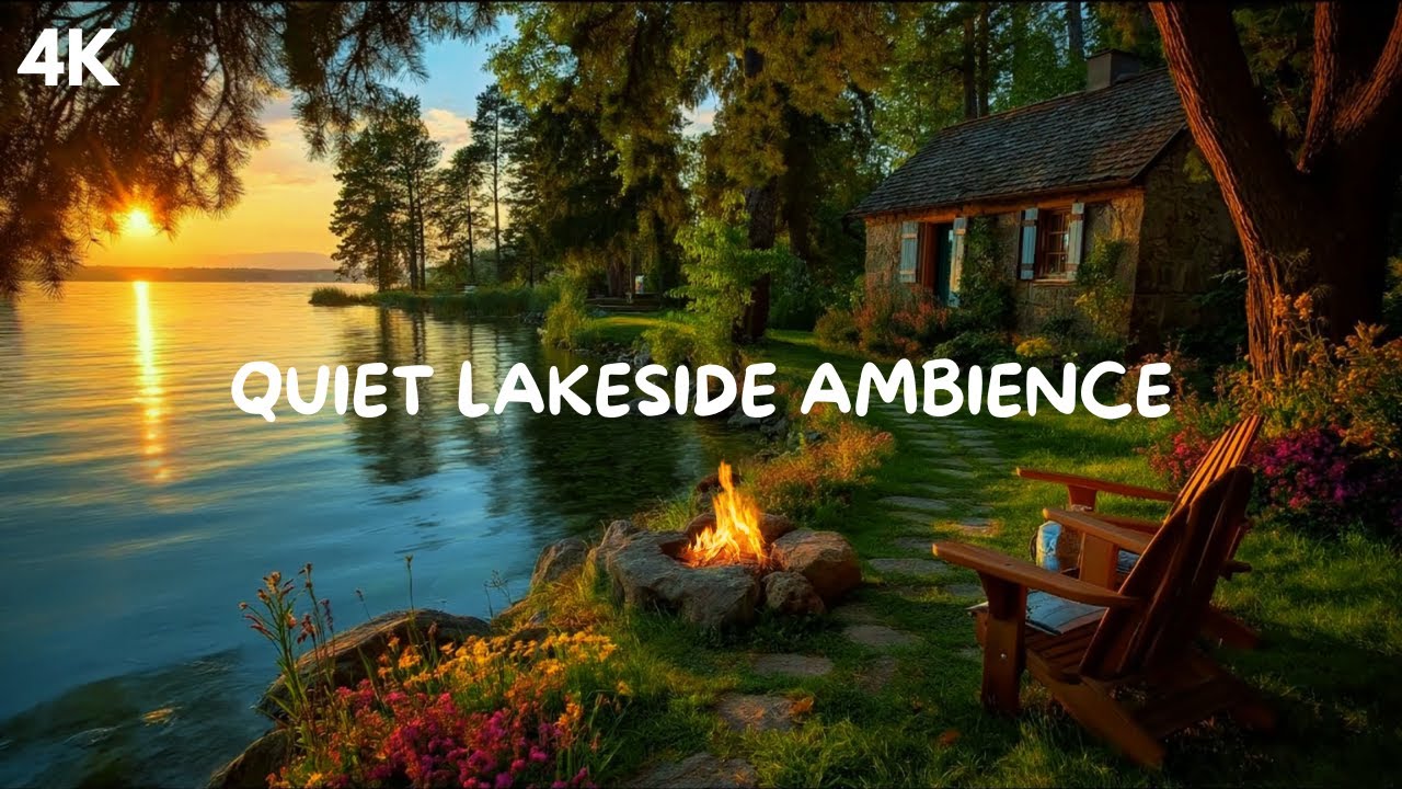 Peaceful Lakeside Cabin at Sunset 🔥 Relaxing Nature Soundscape for Relaxation, Quiet Ambience 4K