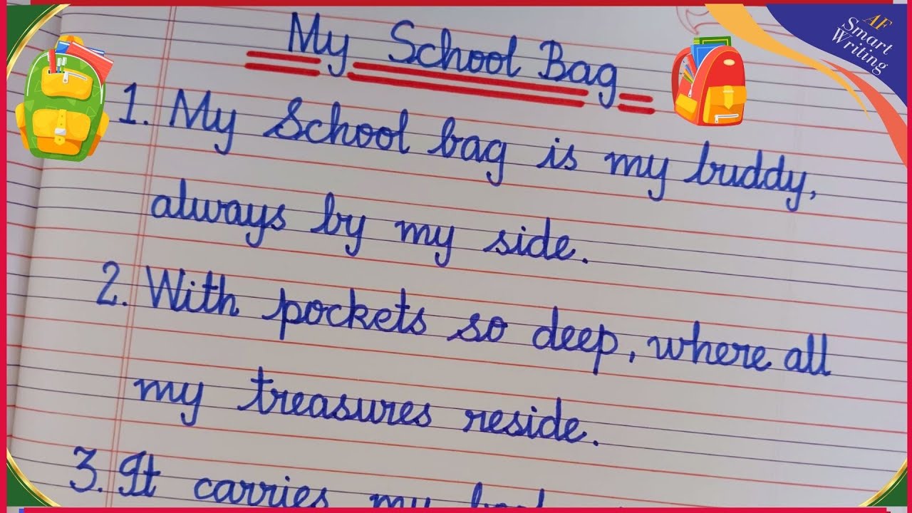 My School Bag Essay in 5 Lines | Simple Cursive Writing | Four Ruled Writing | Essay My School Bag✨