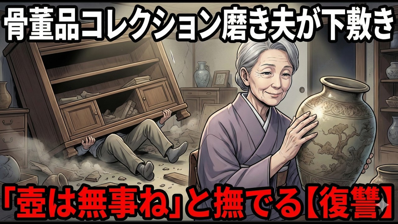 コレクションの骨董品を磨いていた夫が棚の下敷きに。私は「あら、壊れなくてよかったわね」と壺を撫でた。
