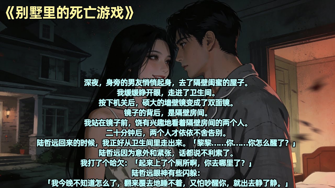 深夜，身旁的男友悄悄起身，去了隔壁闺蜜的屋子。我缓缓睁开眼，走进了卫生间。按下机关后，硕大的墙壁镜变成了双面镜。镜子的背后，是隔壁房间。