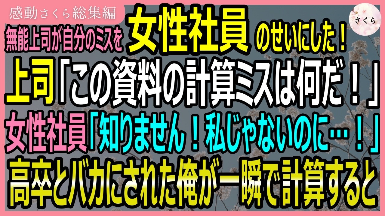 【感動する話・総集編】上司が自分のミスを女性社員のせいにした！上司「この資料の計算ミスは何だ？！」女性社員「私じゃないのに…」高卒の俺がミスを直すと【いい話・スカッと・スカッとする話・朗読】