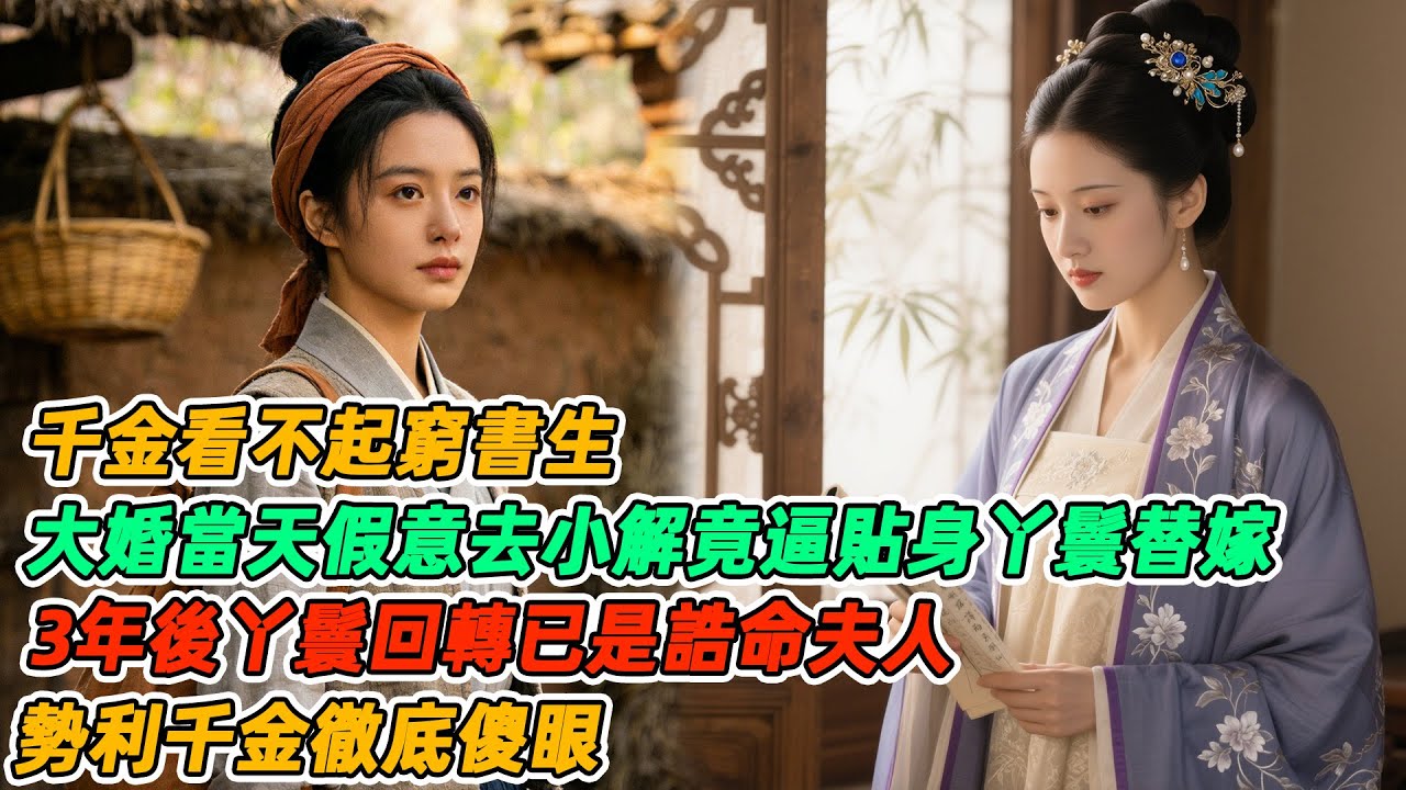 民間故事：千金看不起窮書生，大婚當天假意去小解竟逼貼身丫鬟替嫁，3年後丫鬟回轉已是誥命夫人，勢利千金徹底傻眼