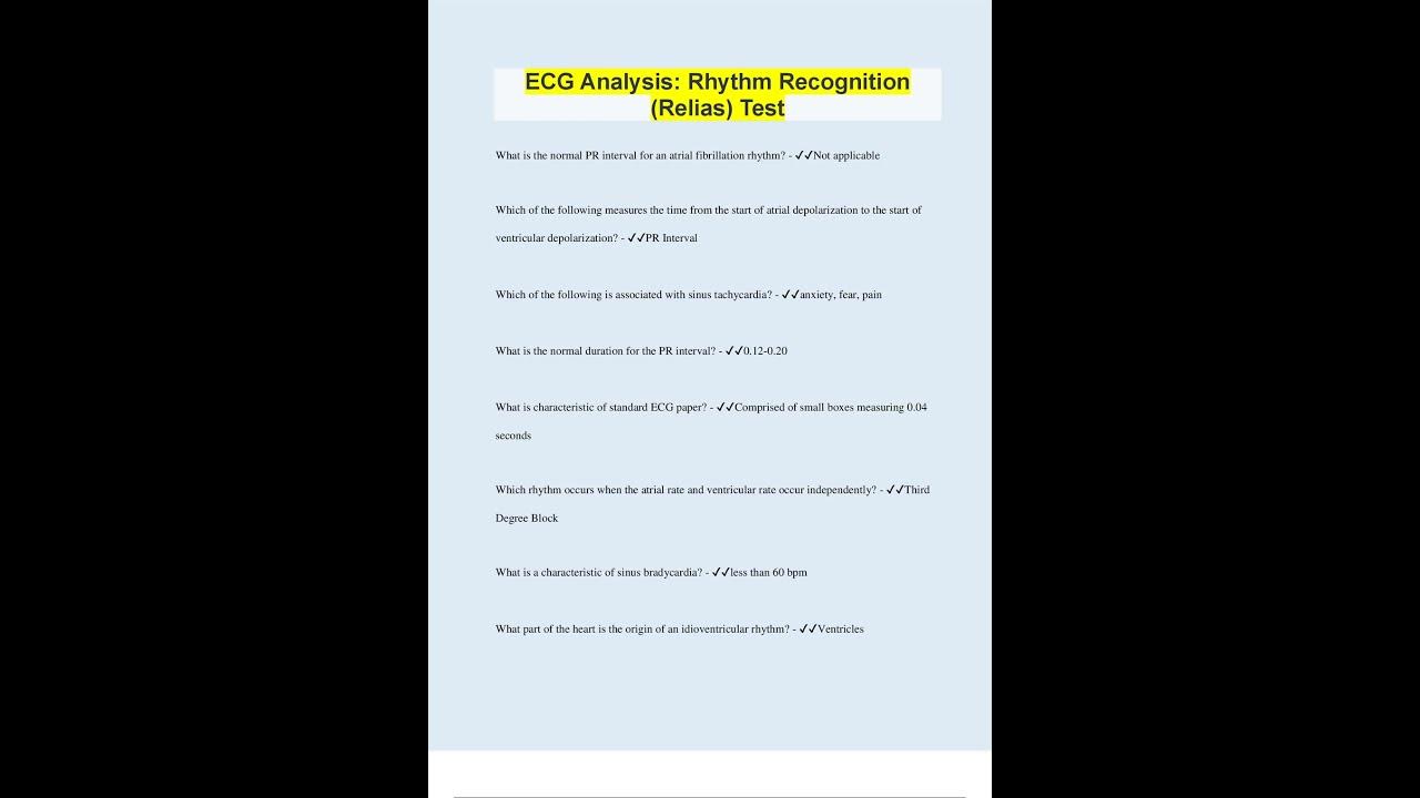 ECG ANALYSIS RHYTHM RECOGNITION RELIAS TEST QUESTIONS WITH 100 CORRECT