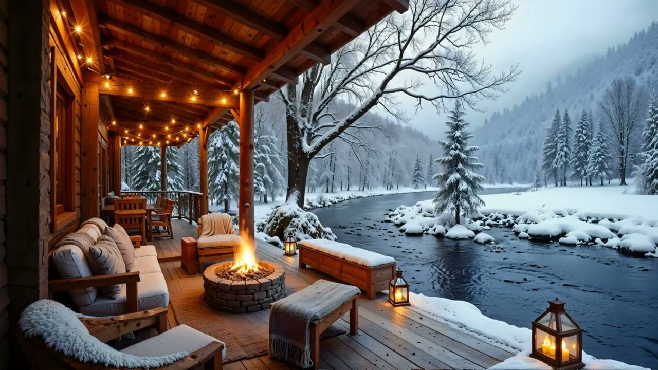 Cozy Winter Cabin Ambience by a Flowing River 🔥❄️ Crackling Fire, Soft Lights, Peaceful Snowfall