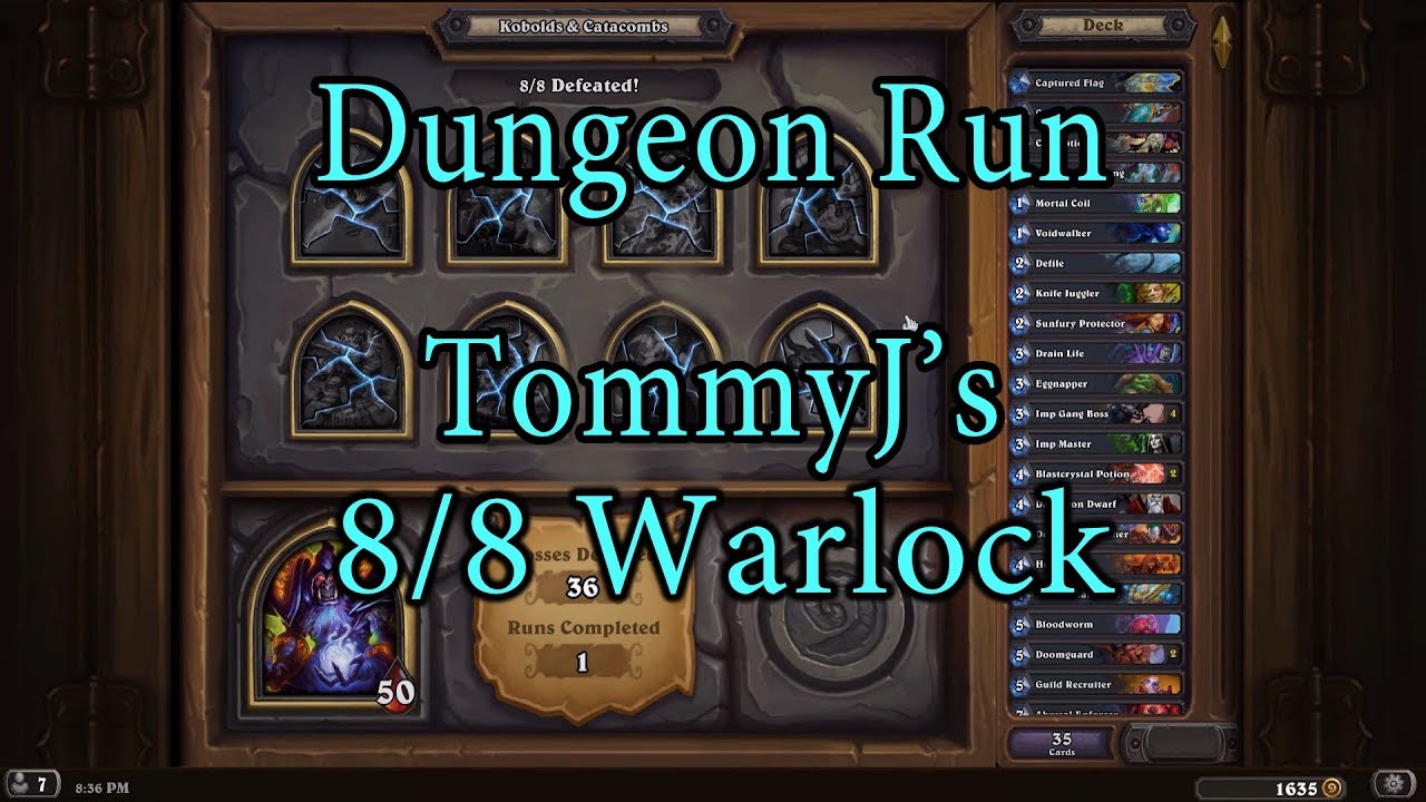 Hearthstone: Kobolds and Catacombs Warlock 8/8 Dungeon Run