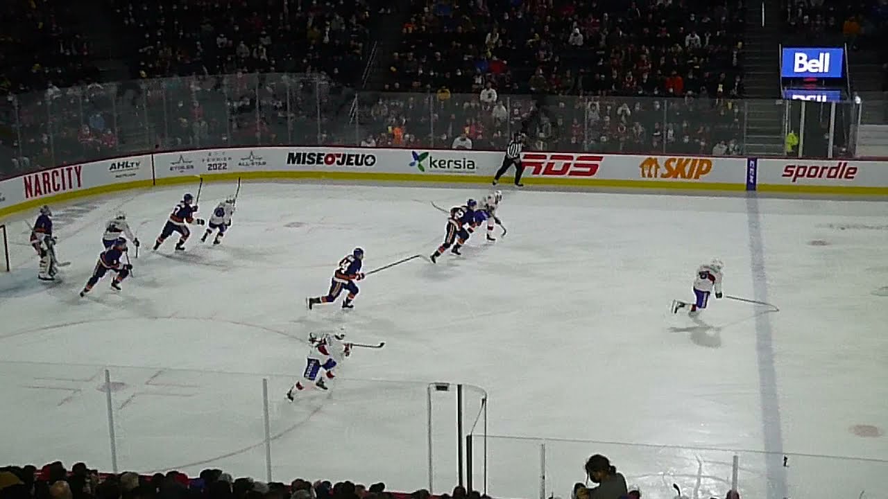 Laval Rocket's Michael McNiven stops Bridgeport Islanders' Parker Wotherspoon on a breakaway 11/12