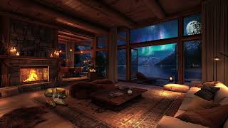 Northern Lights: Lakefront Bliss in a Cozy Woodland Living Room with Fireplace  Evening Harmony