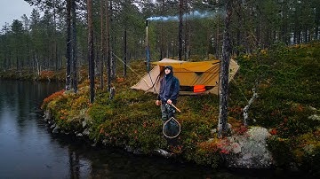 Solo Hot Tent Camping and Fishing in the Rain