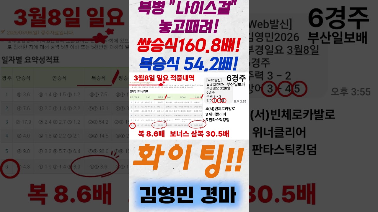 김영민경마 지난주 쌍160배 복54배 부산일요3R 1차메인승부 적중! #shorts