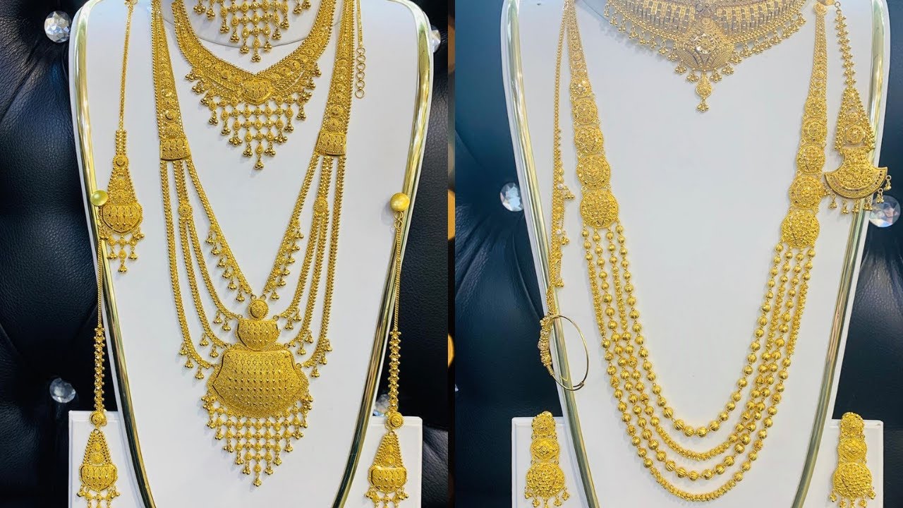 100 Grams Gold Bridal Long Necklace Set || Multi Step Long Gold Haram  Designs - YouTube