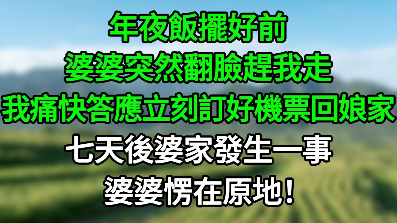 年夜飯擺好前，婆婆突然翻臉趕我走，我痛快答應，立刻訂好機票回娘家。七天後婆家發生一事，婆婆愣在原地！#笑看人生#爽文#情感故事#晓晨的书桌