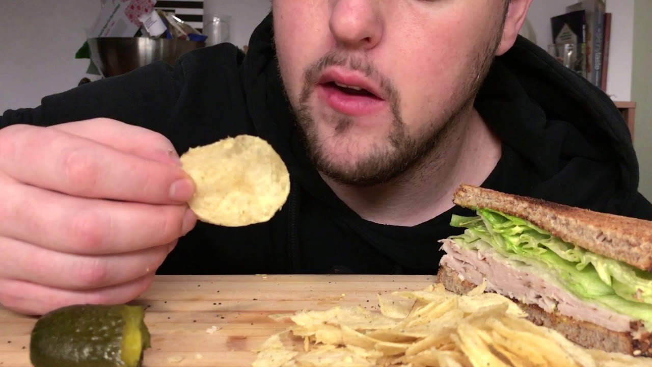 ASMR EATING BIG TURKEY SANDWICH N CHIPS