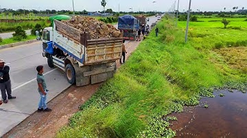 Watch out Process Landfill Task by dozer push soil into deep Land and Dump Truck Unloading, Mix VDO