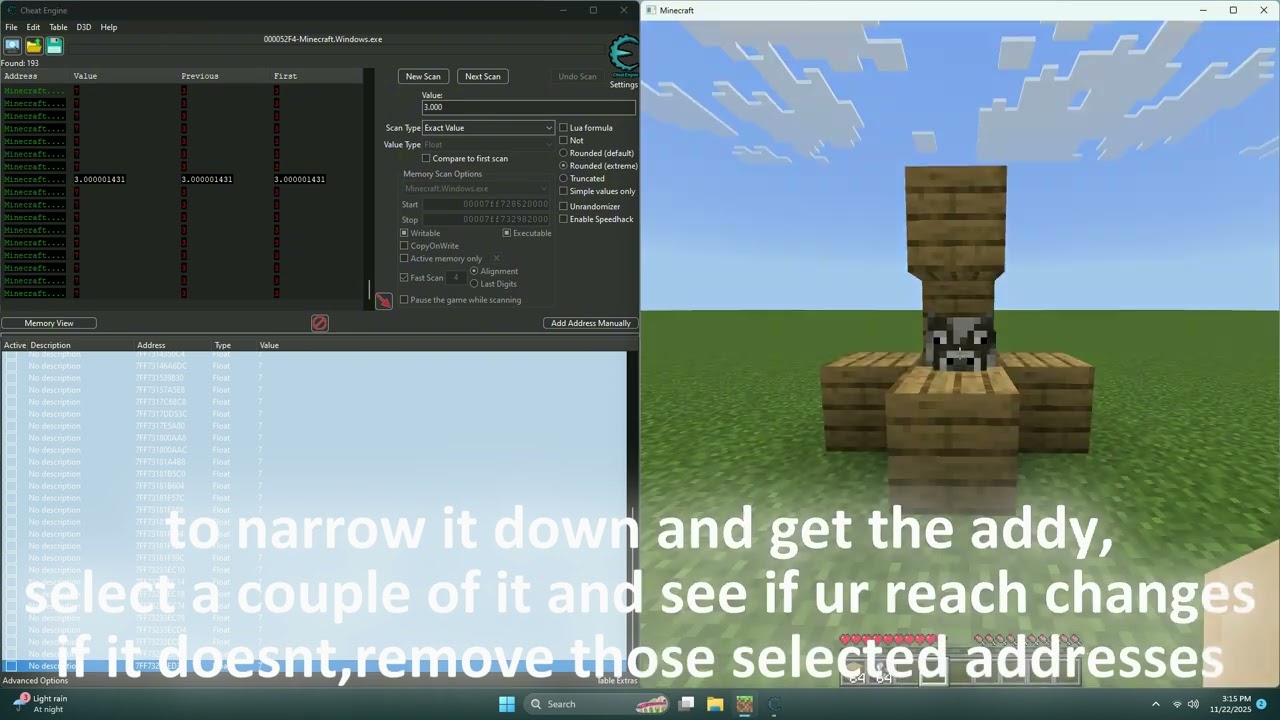 How to find the Reach adress using Cheat Engine for MCBE 1.21.124